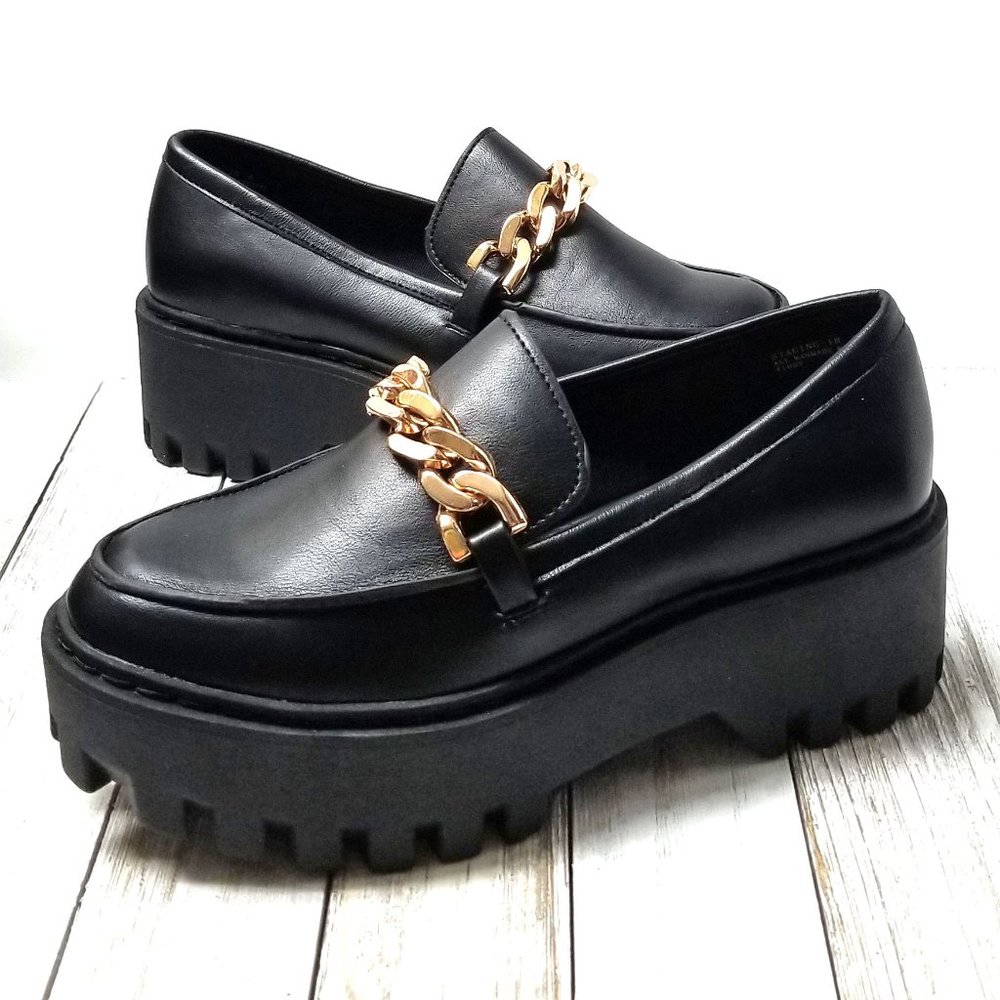 Black Gold Chain Platform Penny Loafers Flats